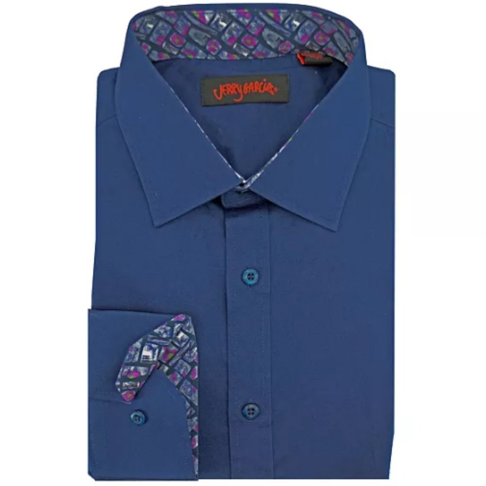J. Garcia Navy Blue Dress Shirt with Purple Accent Trim